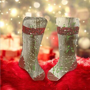VINTAGE TIN STOCKINGS -- Rustic, Hanging, Thin Cut Tin, "Happy" & "Holidays"